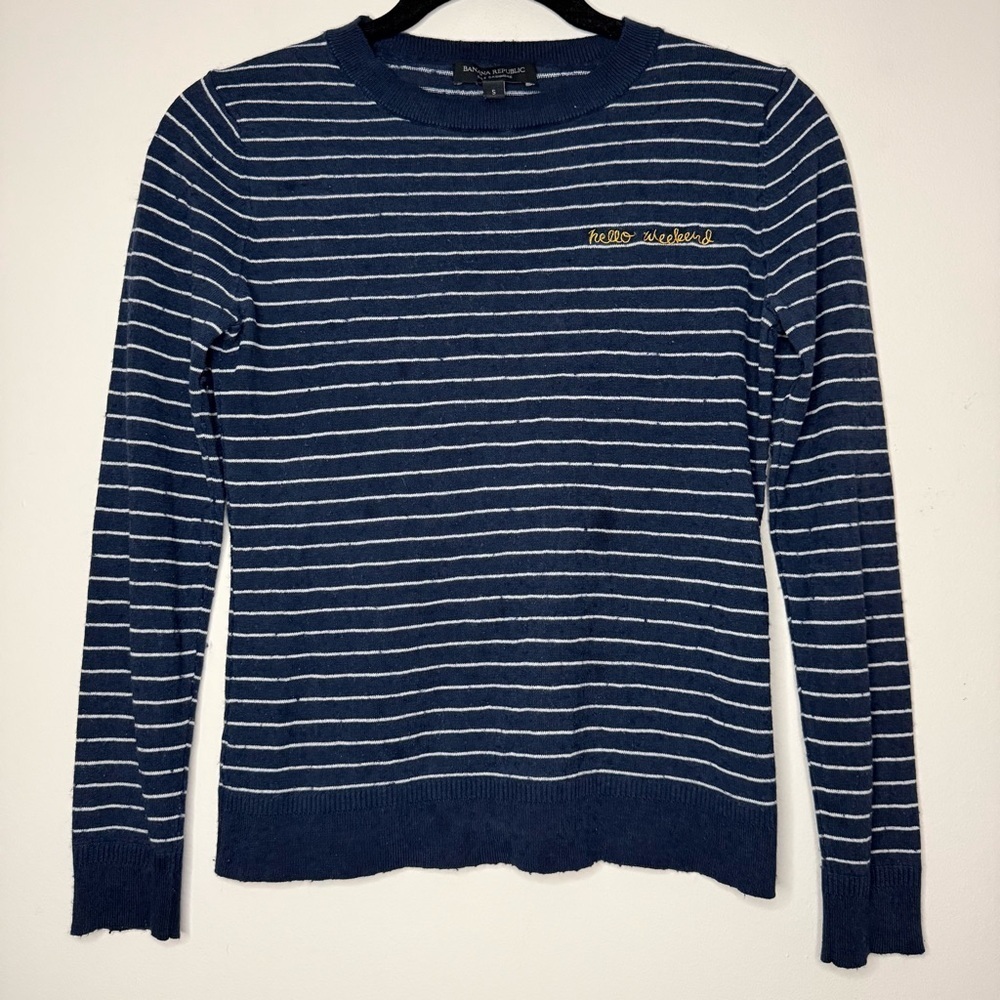 BANANA REPUBLIC Silk Cashmere Blend “Hello Weekend” Embroidered Striped Sweater